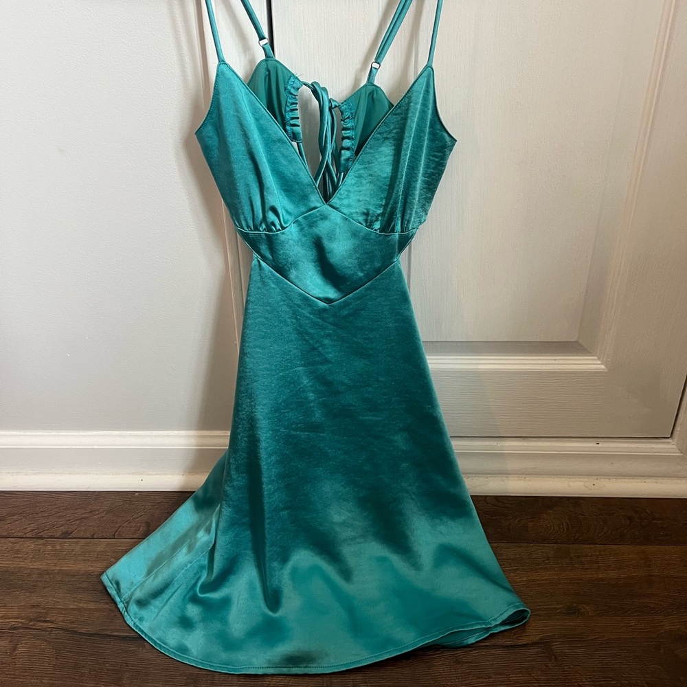 Teal Satin Spaghetti Strap Dress